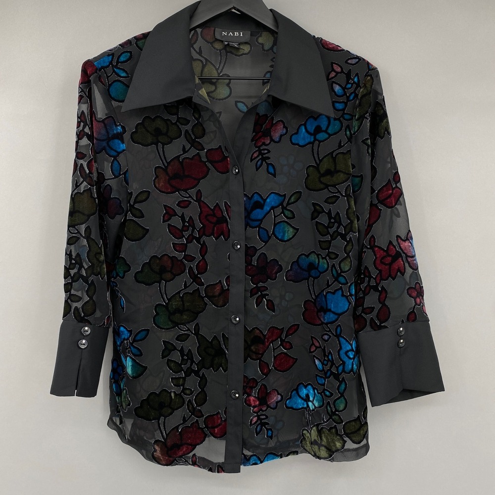 Vtg NABI Sheer Burnout Velvet Floral Top Womens Medium Whimsigoth Button Up Boho
